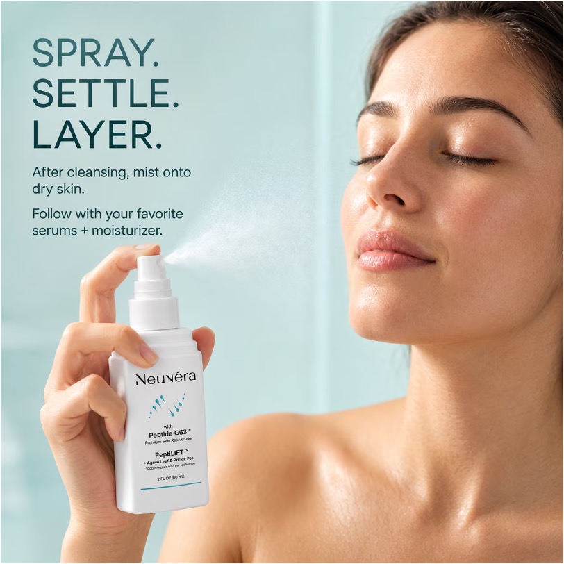 Woman misting PeptiLIFT onto face after cleansing, followed by serums and moisturizer