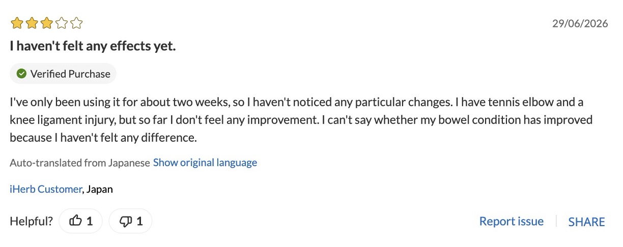 Three-star verified iHerb review reporting no felt effects after roughly two weeks