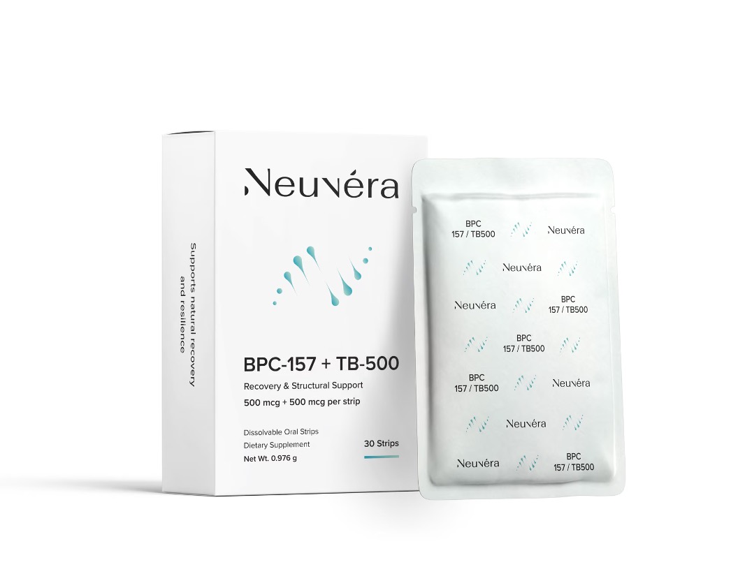 Neuvéra BPC-157 + TB-500 dissolving oral strips box beside a foil sachet