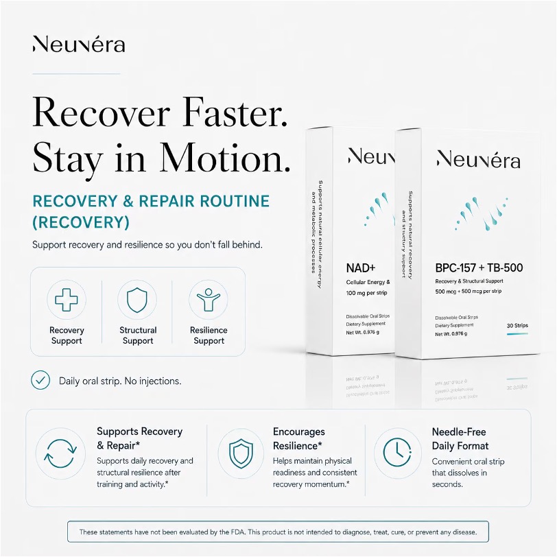 Neuvéra Recovery & Repair Routine promo showing NAD+ and BPC-157 + TB-500 strip boxes