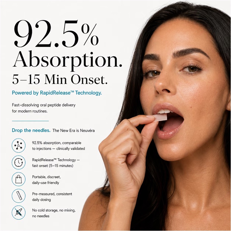 Woman placing a dissolvable Neuvéra peptide strip into her mouth