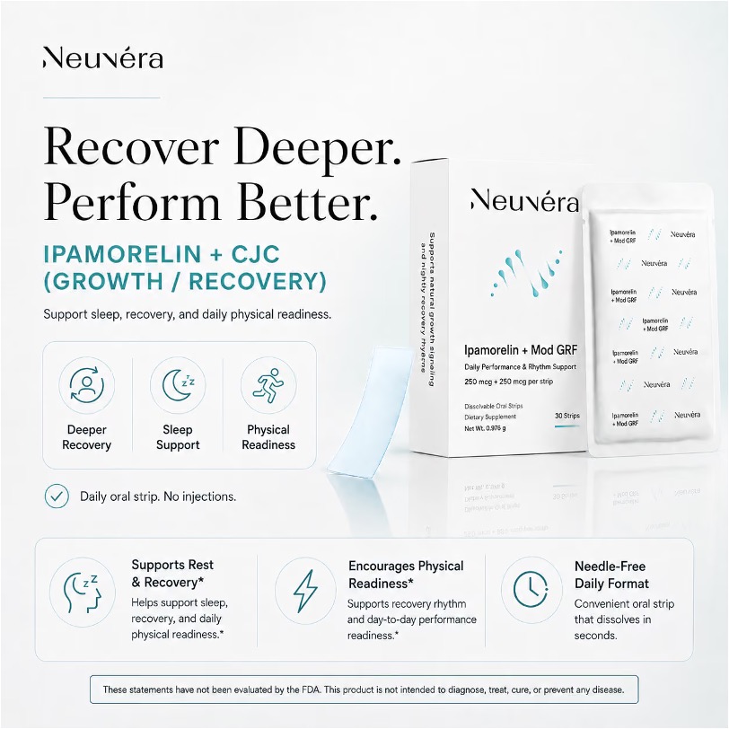 Neuvera Ipamorelin + Mod GRF oral dissolving strips box, pouch, and benefits for recovery