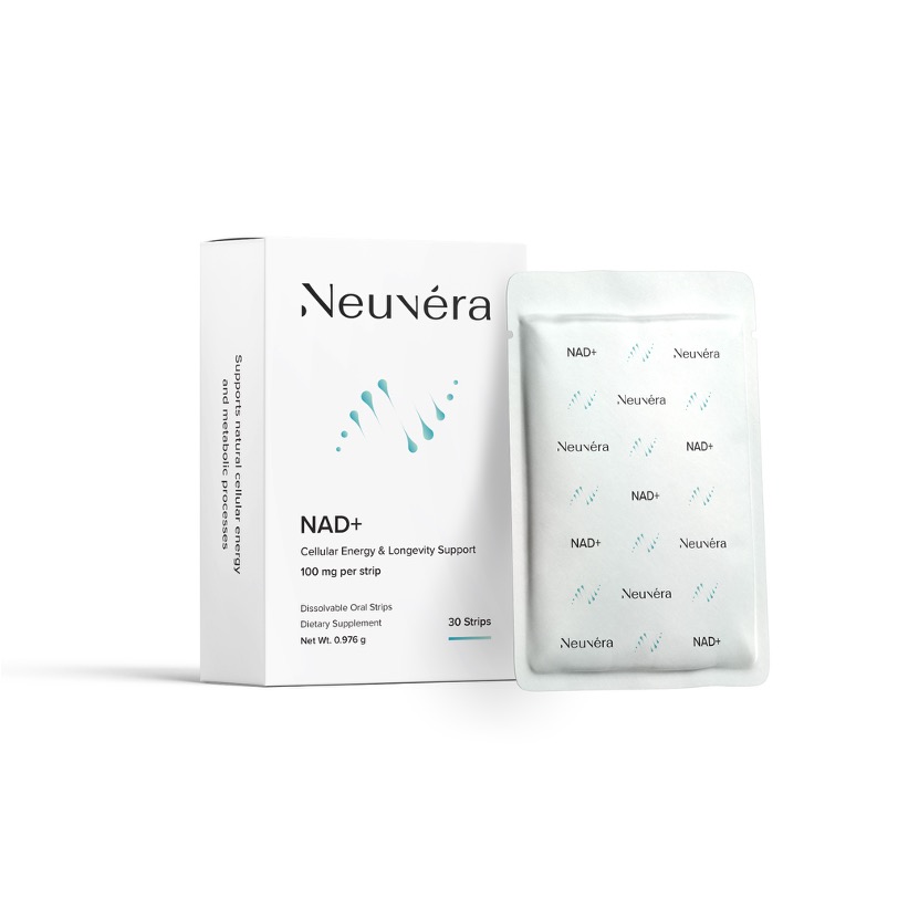 Neuvera NAD+ oral dissolving strips displayed beside their product box.