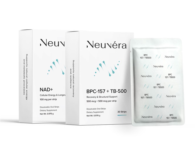 Neuvera NAD+ and BPC-157 + TB-500 oral dissolving strip products displayed together in their boxes and pouches