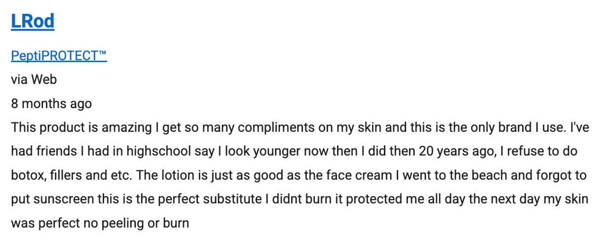 Review highlighting that PeptiPROTECT helped the reviewer achieve healthier and younger skin