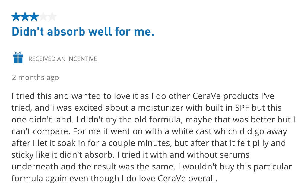 Review highlighting the white cast and pilly feeling that came with using the CeraVe moisturizer