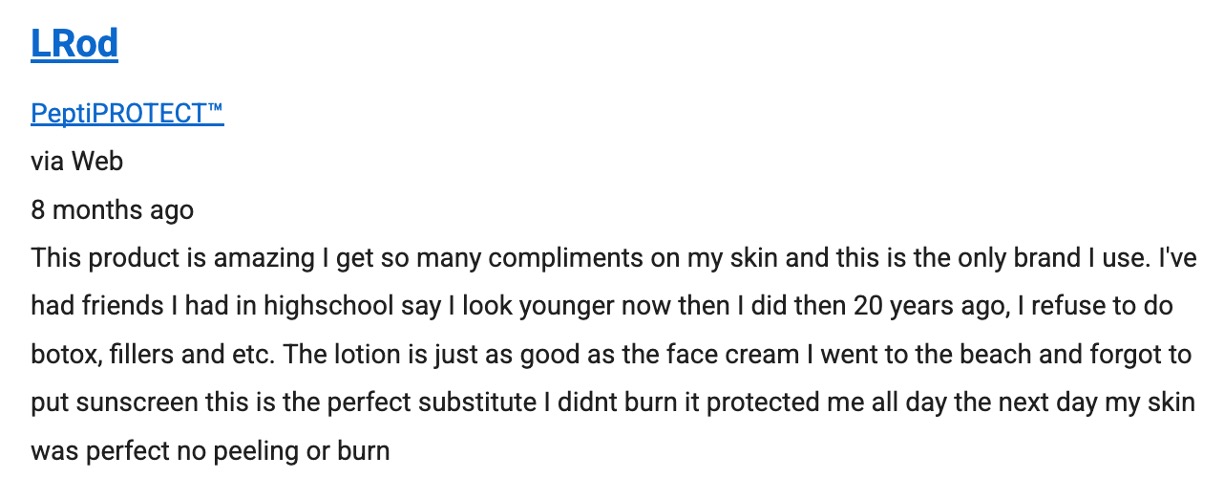 Review highlighting the effectiveness of the PeptiPROTECT moisturizer