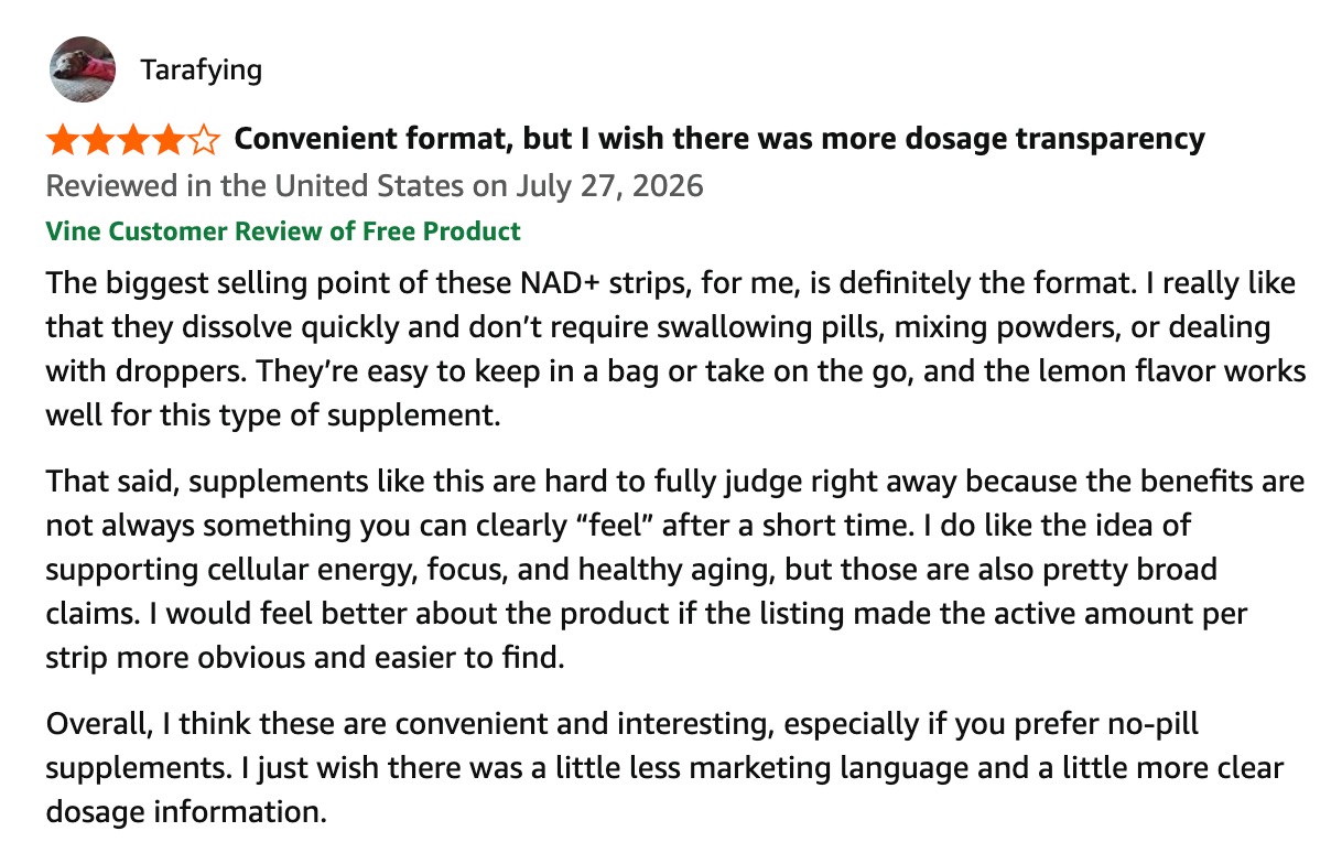 Review noting the positives and negatives of the LIVEGOOD NAD+ Strips