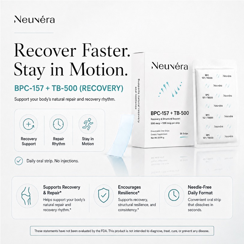 Infographic showing the benefits of Neuvera’s BPC-157 + TB-500 daily wellness strips