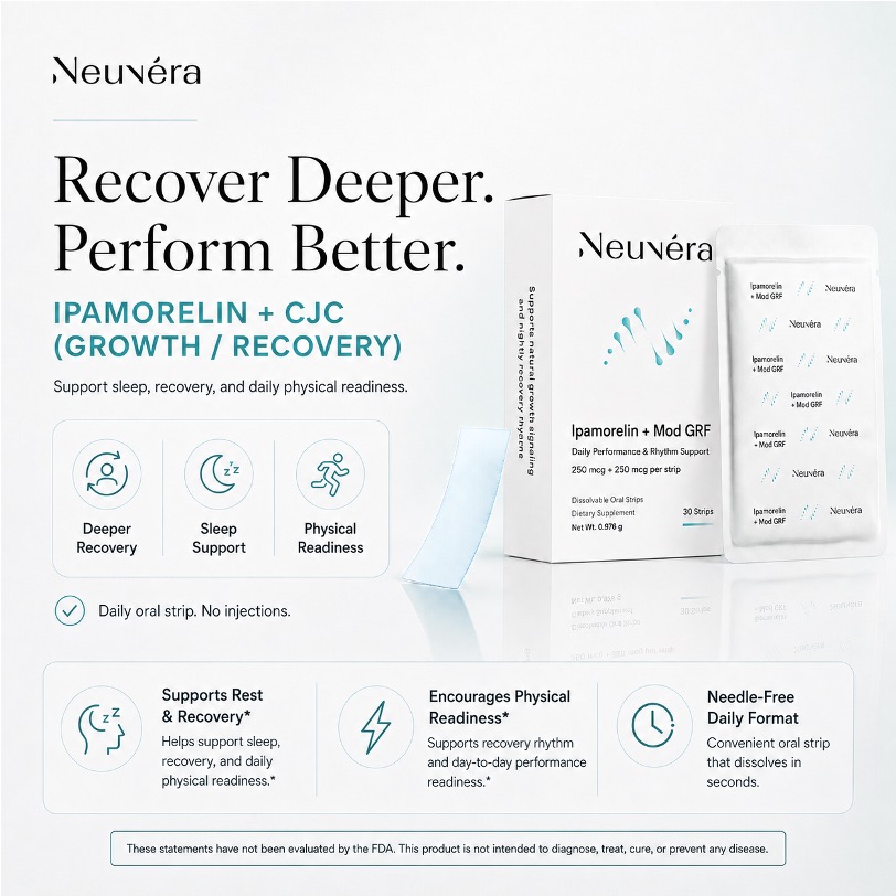 Illustration showing the benefits of Neuvera’s Ipamorelin + CJC daily wellness strips