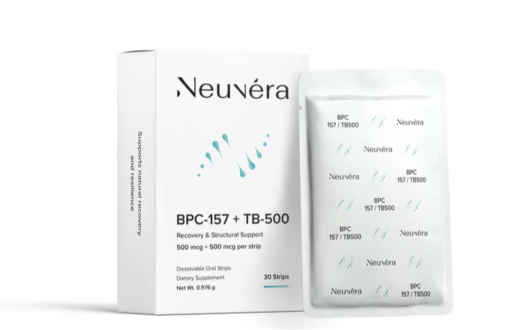 White Neuvera box of BPC-157 + TB-500 oral dissolving strips beside a printed foil pouch