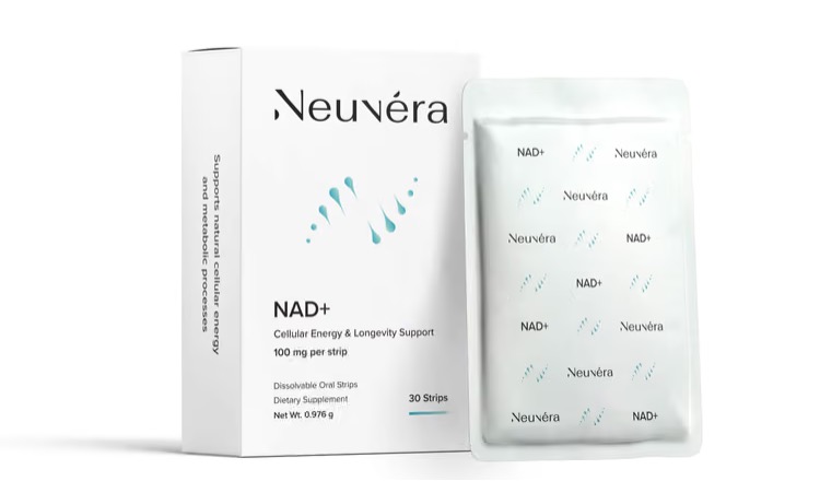 White Neuvera box of NAD+ oral dissolving strips, 100 mg per strip, beside a foil pouch