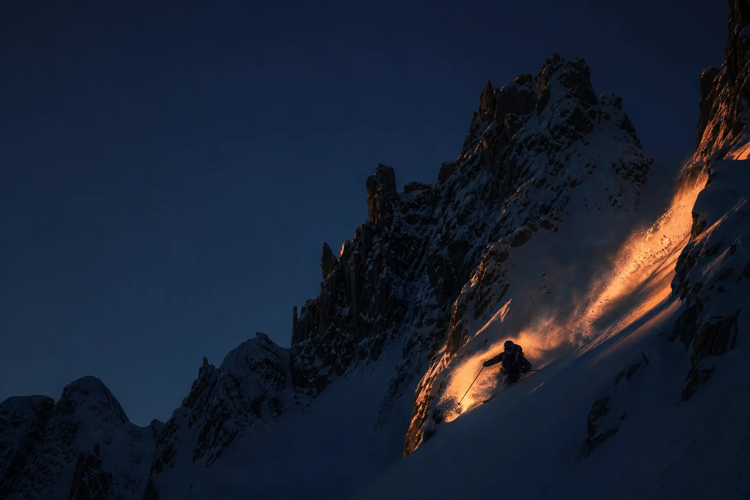 Skier descending an alpine couloir at dusk