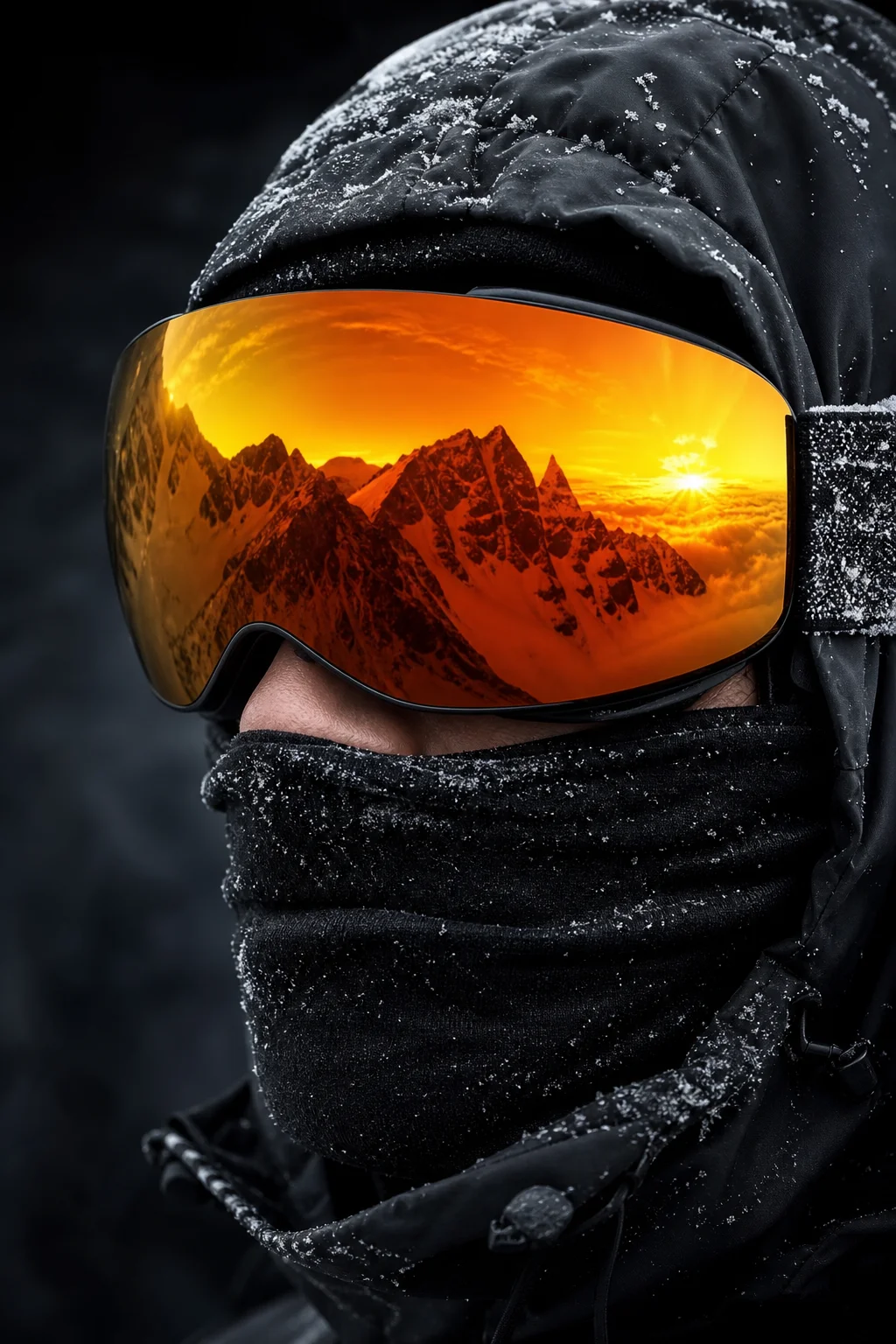 Close-up of the goggle lens reflecting snowy peaks