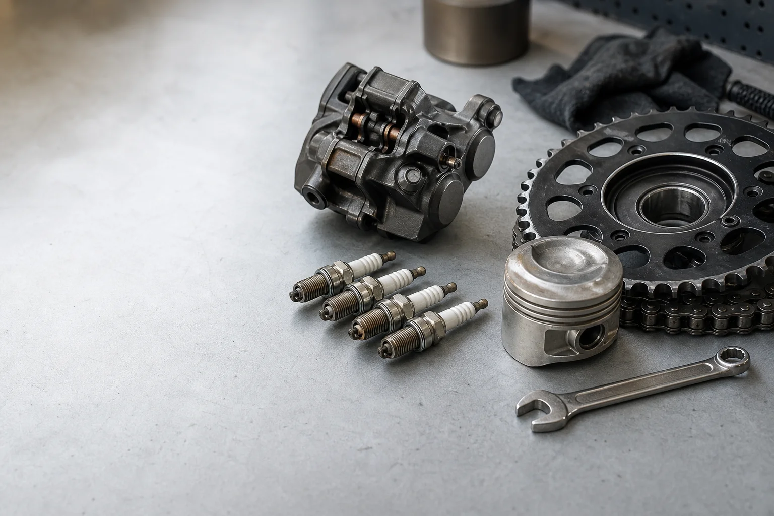 Motorcycle parts arranged on a workbench