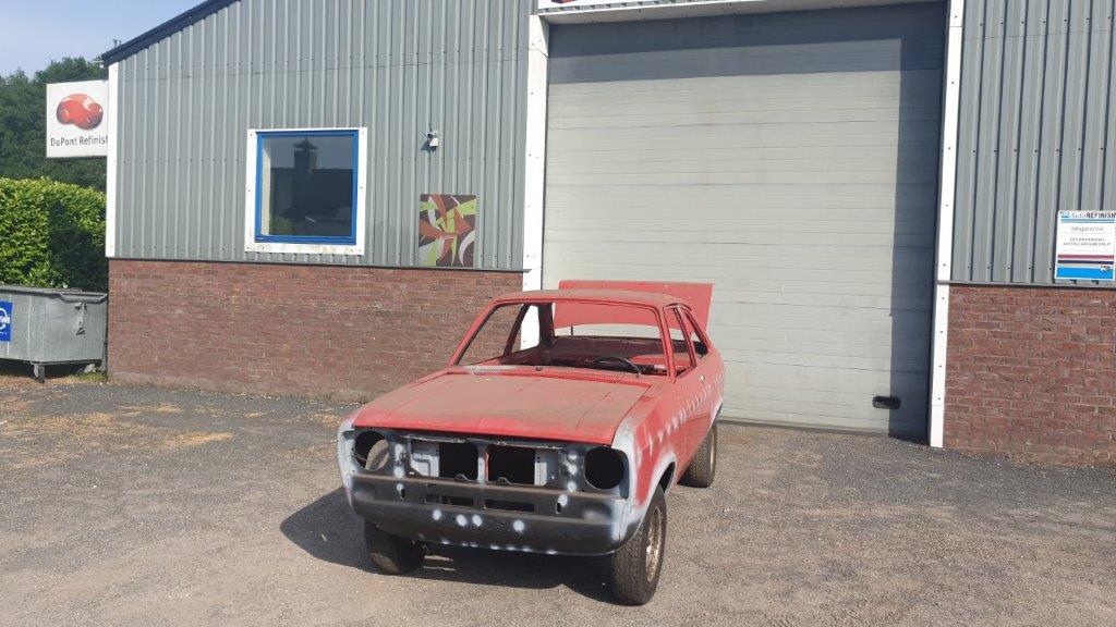 The front end of the Escort during bodywork, outside the workshop
