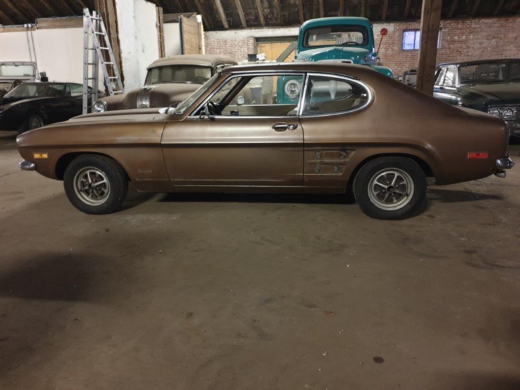 The front of the Capri Mk1 2000GT USA with its number plate still fitted, photographed indoors