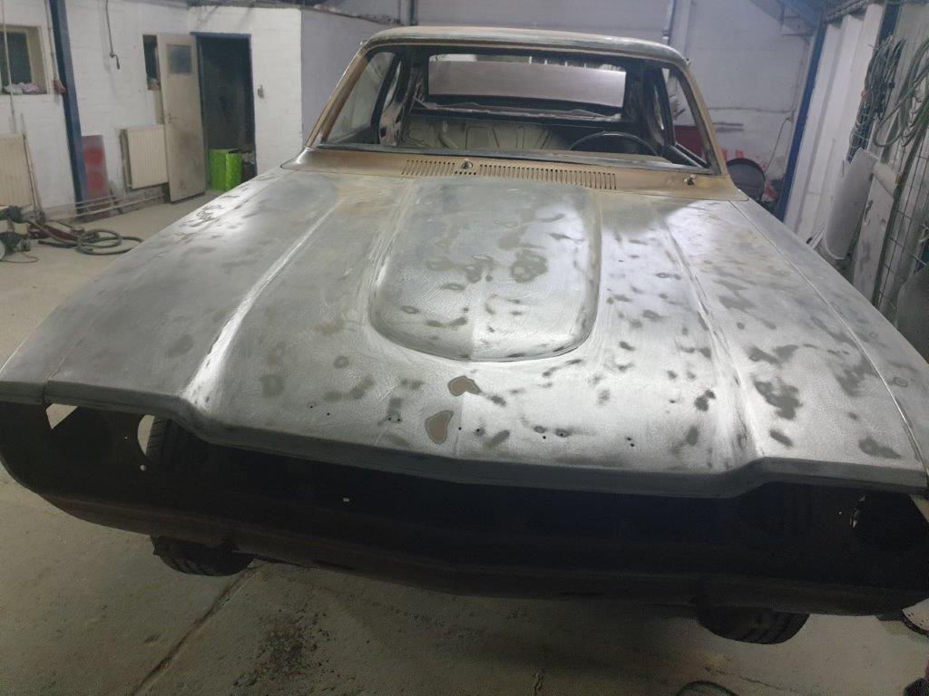The bonnet and front panel in primer, seen from above