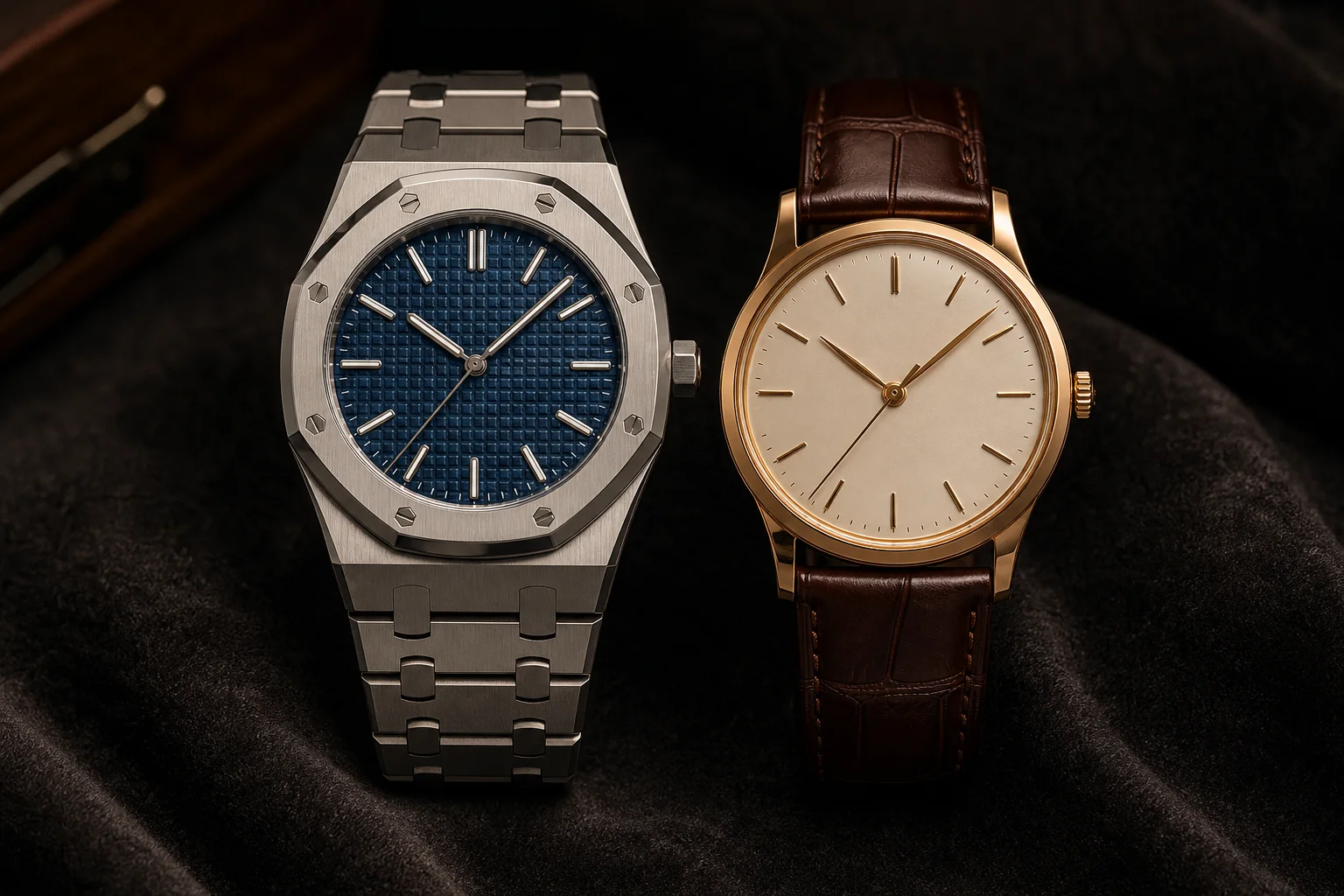 A steel sports watch and a rose-gold dress watch side by side on charcoal velvet