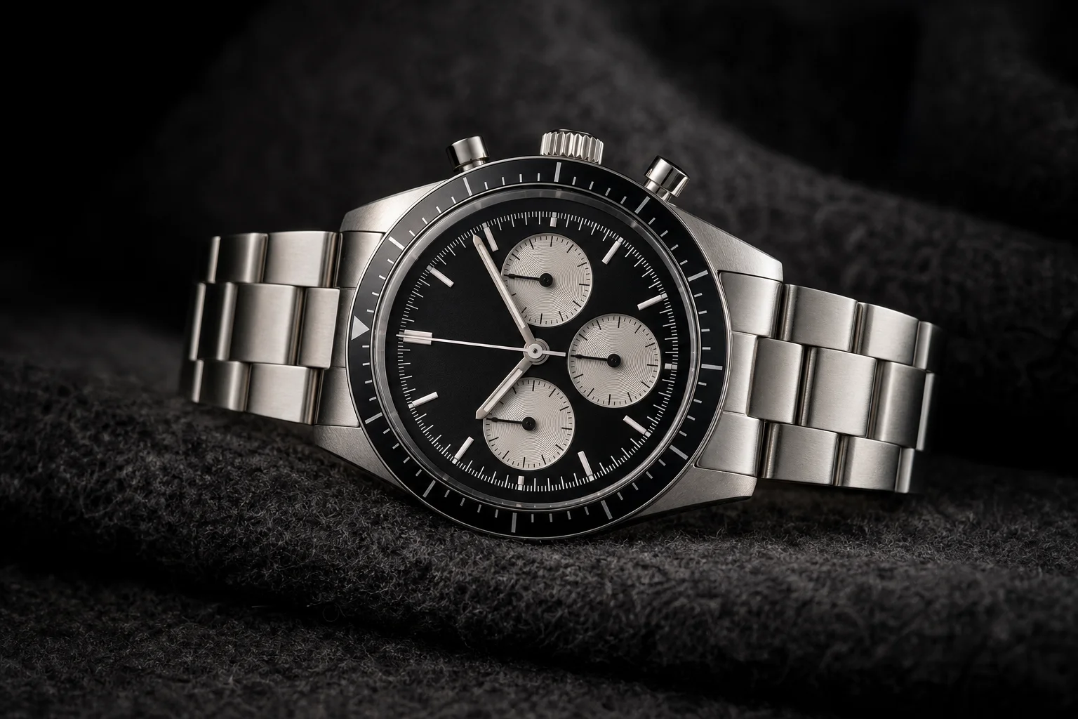Steel chronograph with black dial and tachymeter bezel on charcoal felt