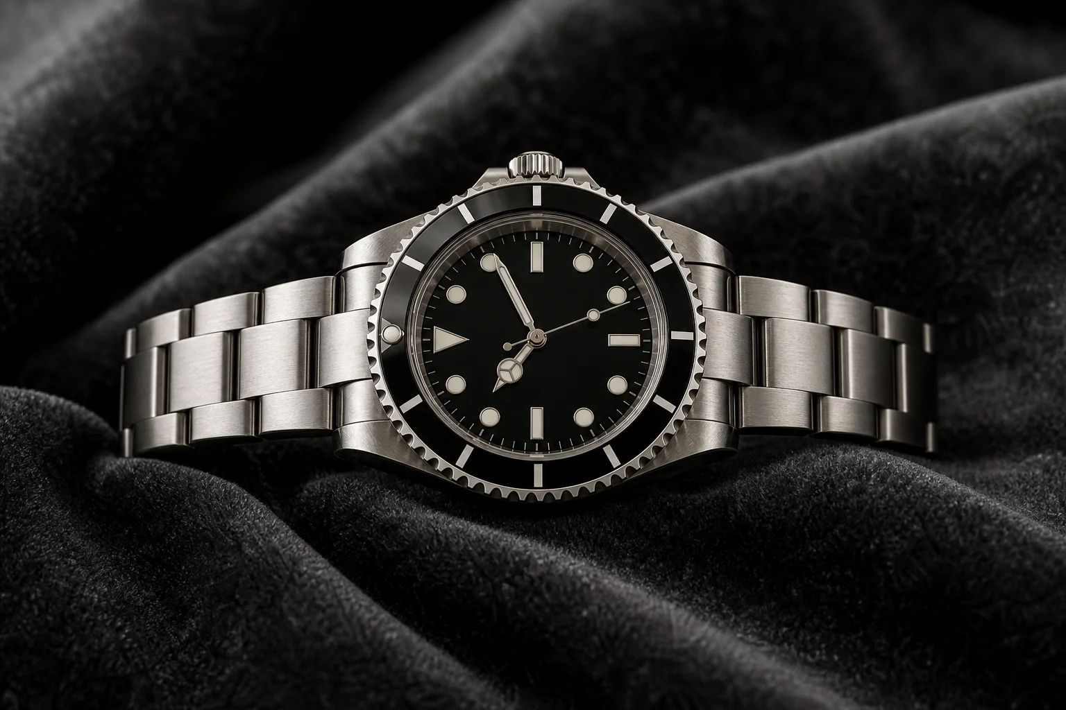 Steel Rolex-style dive watch with black ceramic bezel resting on charcoal velvet
