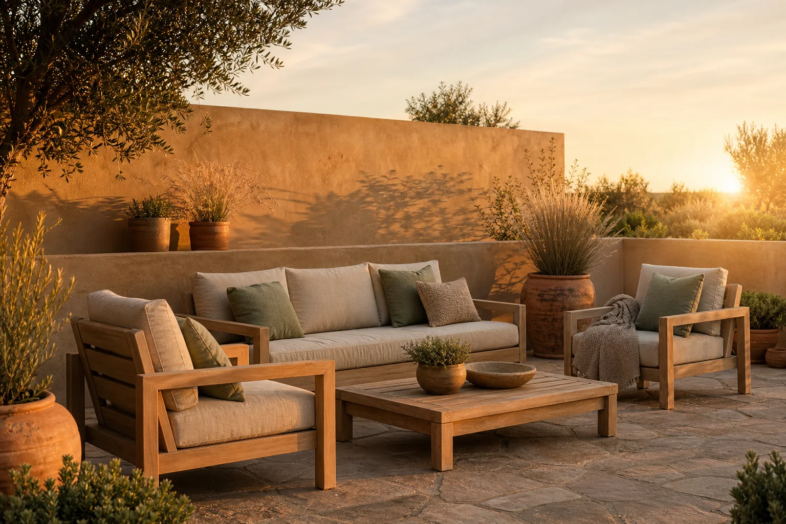 Teak lounge set with linen cushions against a clay garden wall at sunset