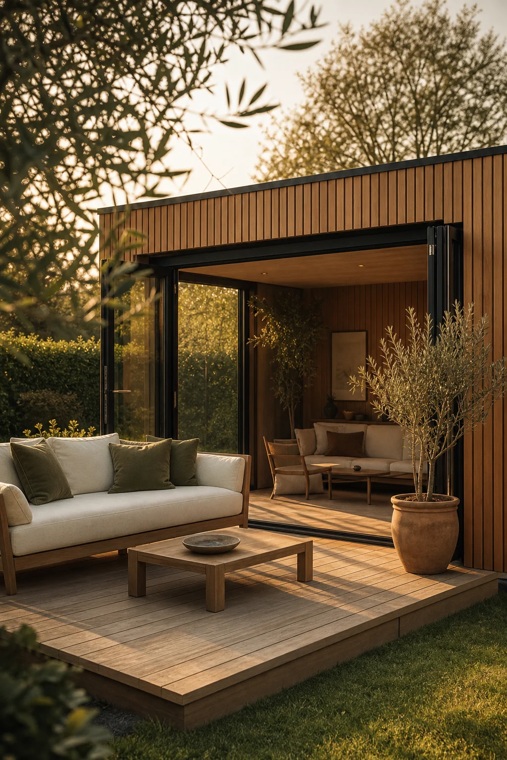 Timber garden room with an outdoor sofa on a deck at golden hour