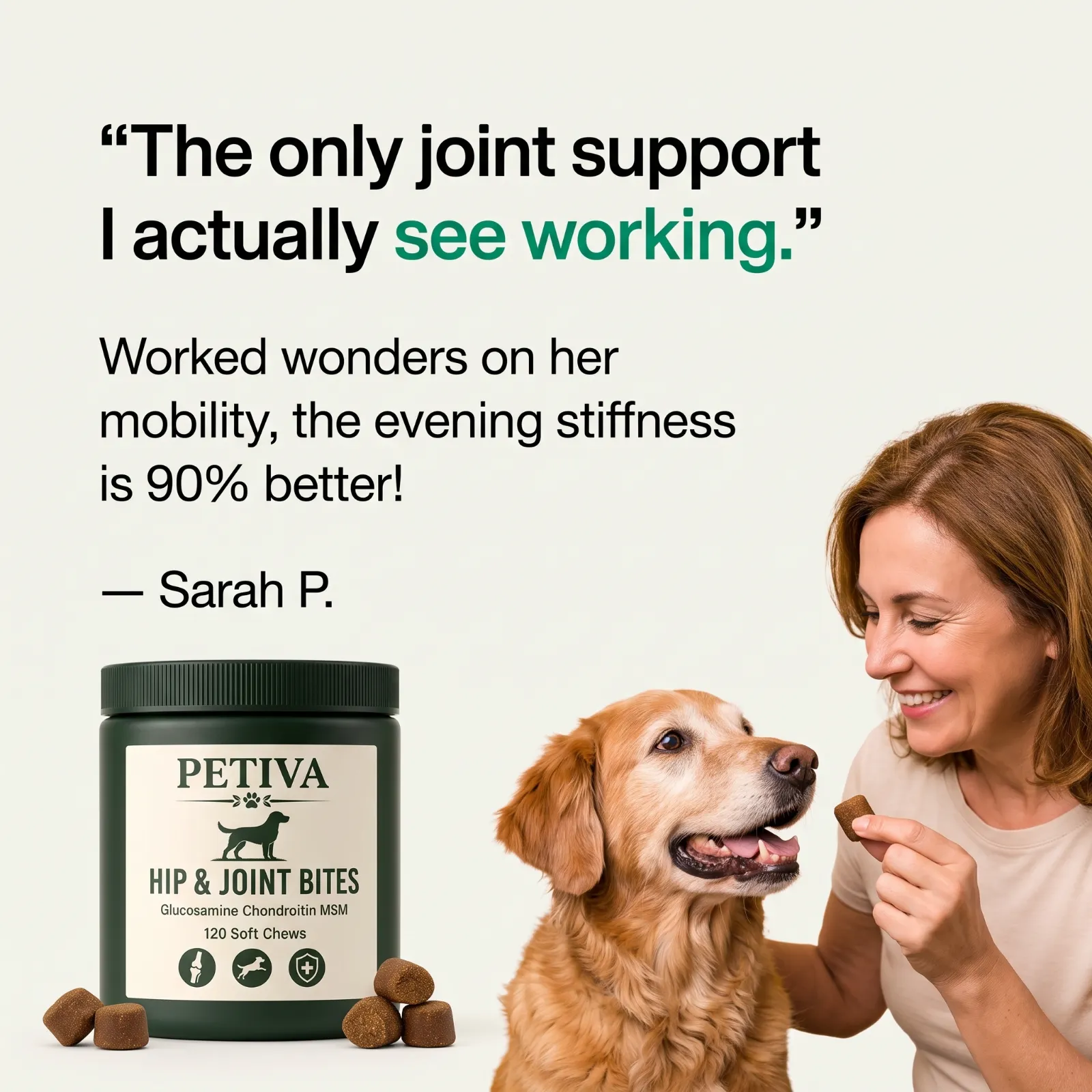 Dog owner giving her golden retriever a Hip & Joint Bites soft chew