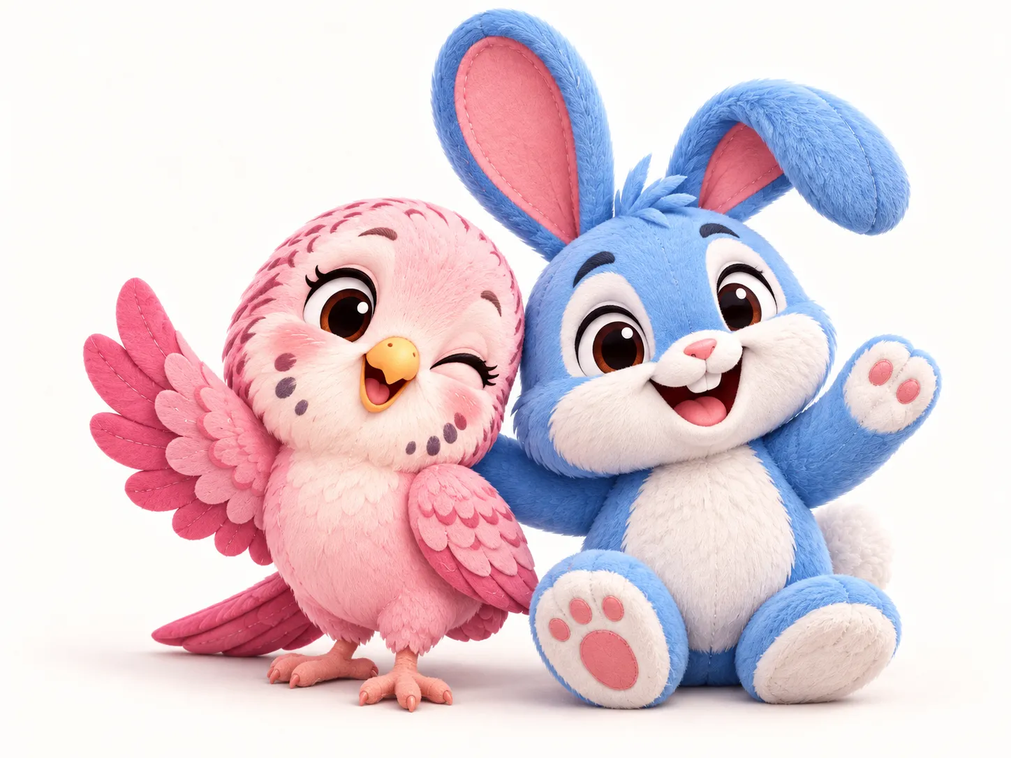 Nella und Sam, die Maskottchen von nellapets: ein rosa Wellensittich und ein blaues Kaninchen