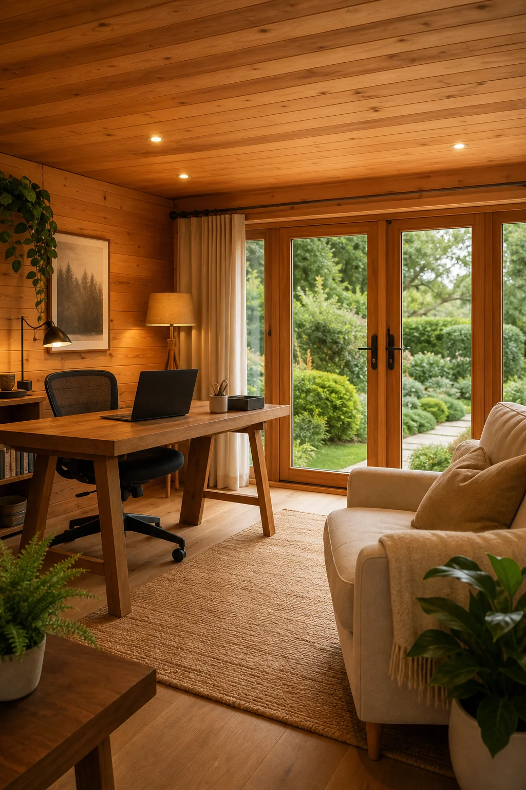 Cedar-clad garden room set up as a home office and lounge