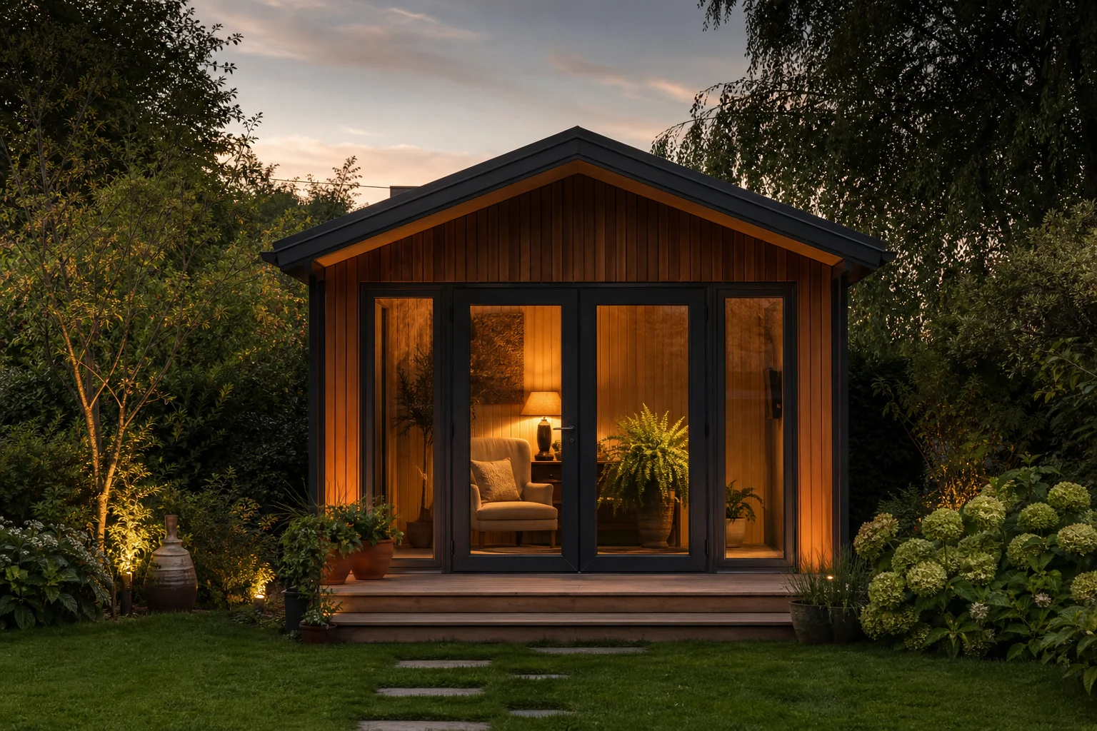 Cedar garden room glowing at dusk in a lush garden