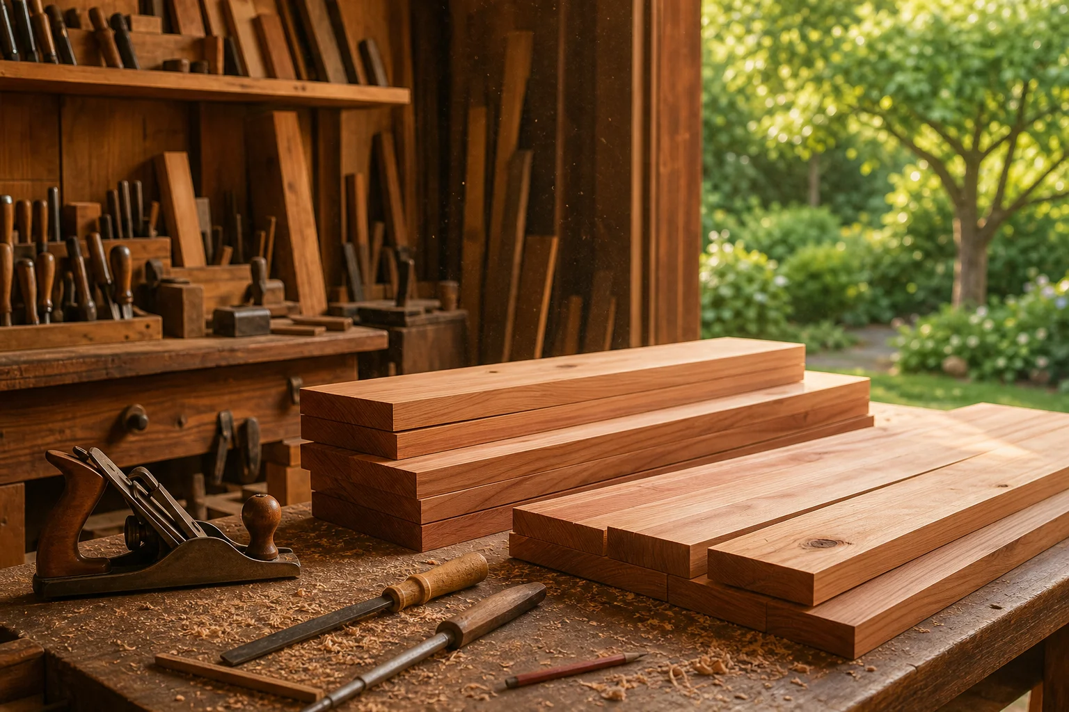 Freshly planed cedar boards on a workshop bench in warm light