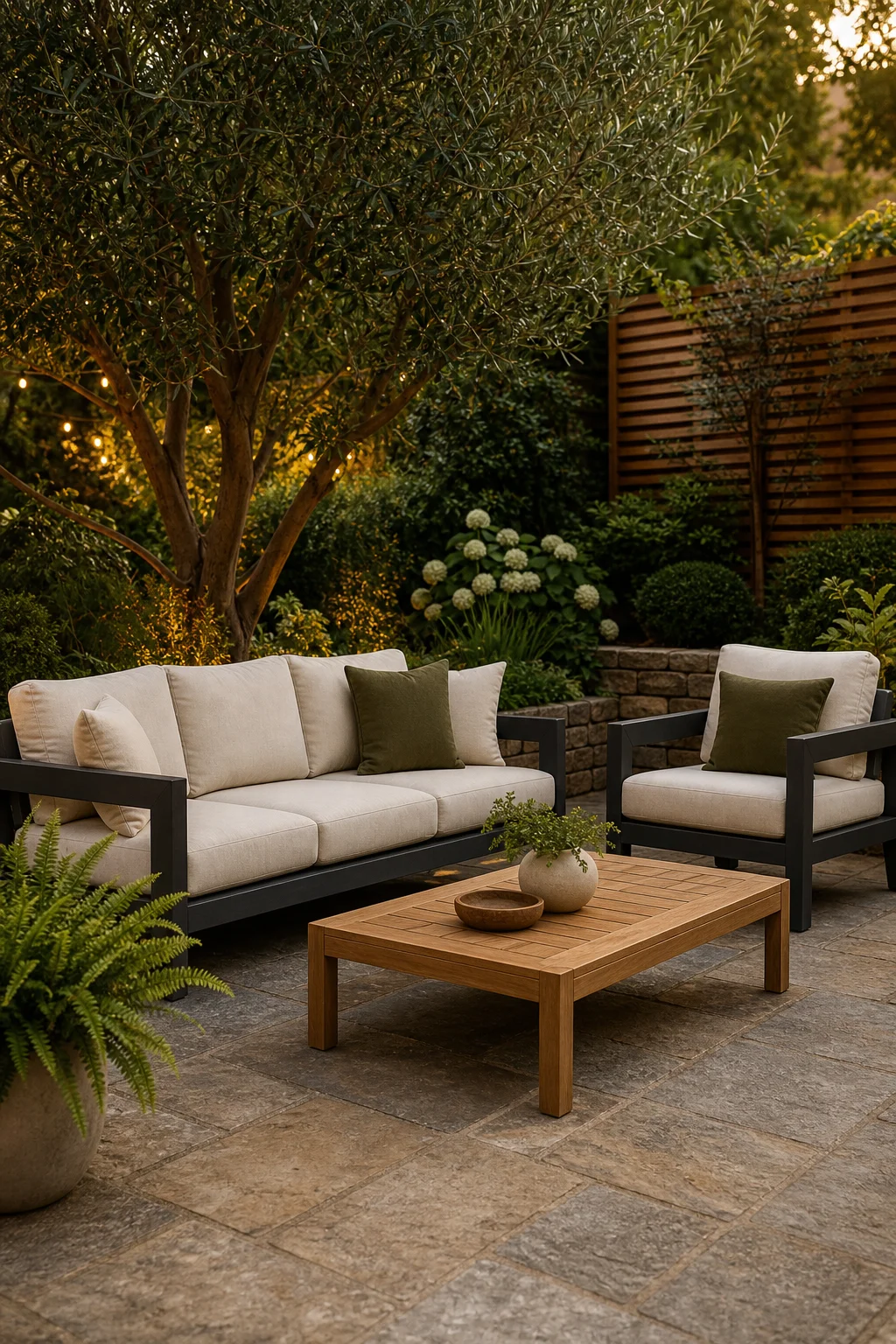 Charcoal outdoor sofa set with cream cushions on a patio