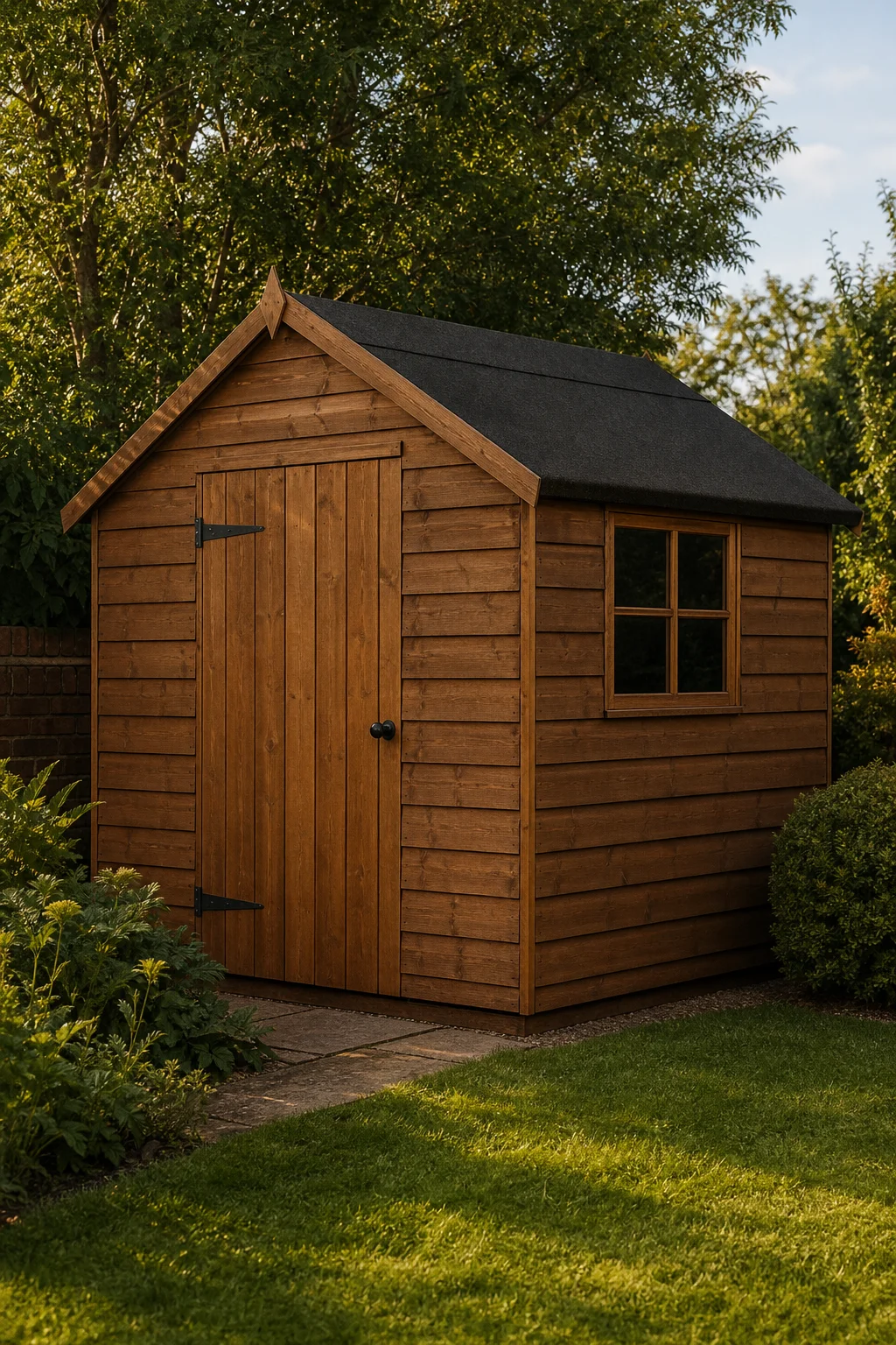 Timber garden shed with a charcoal roof in a green garden
