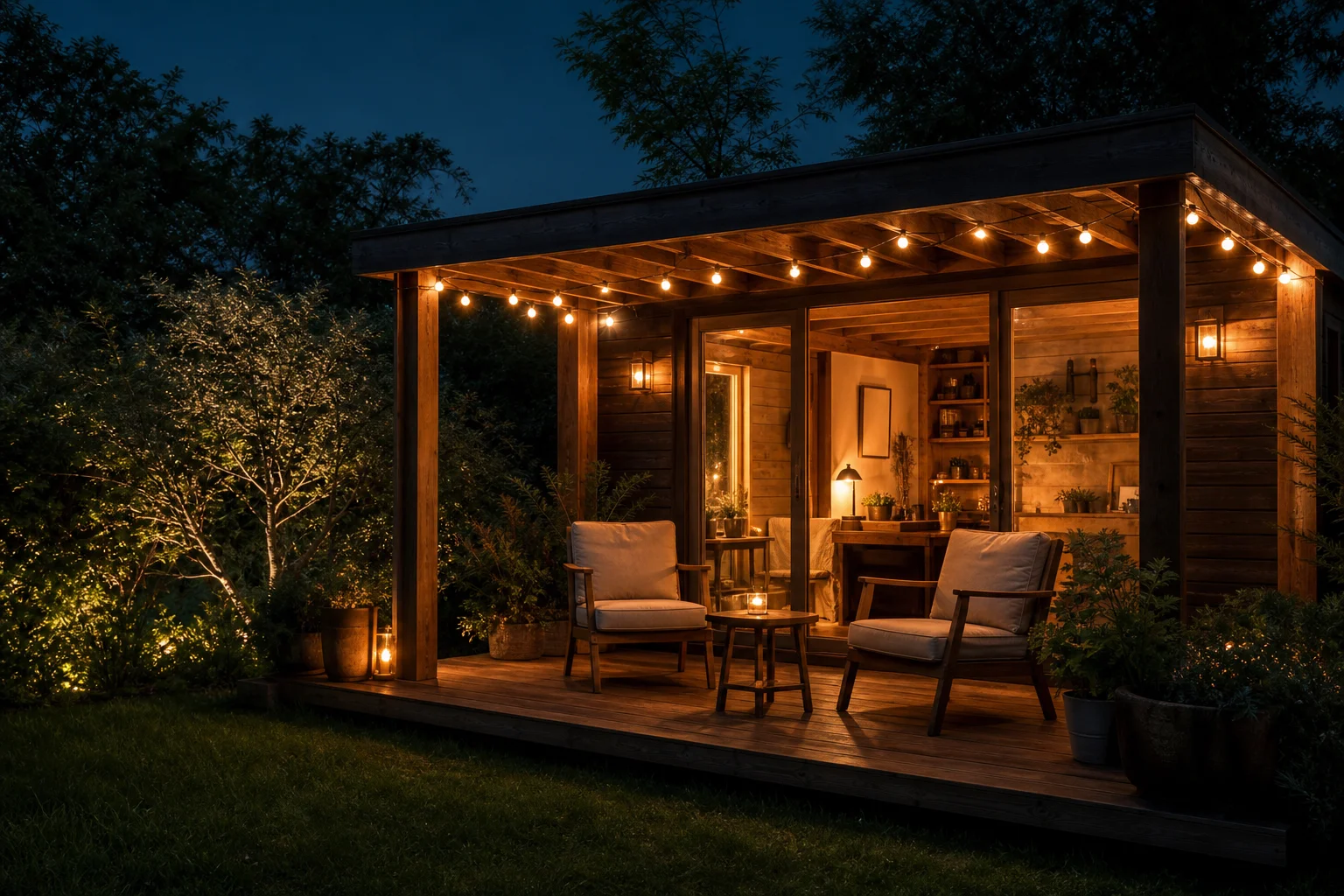 Garden room veranda lit with string lights at night