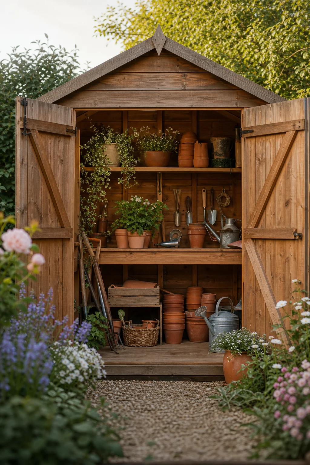 Timber potting shed with open doors and terracotta pots