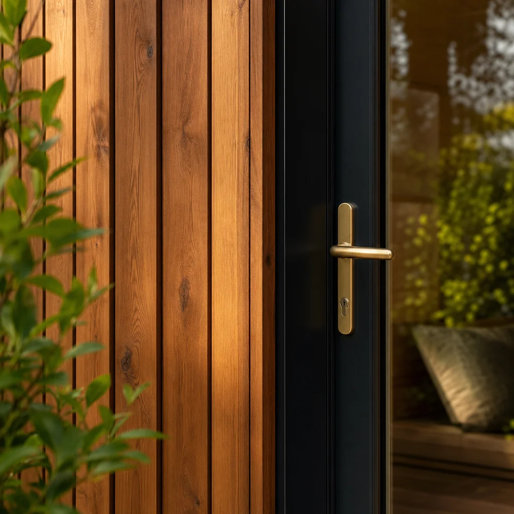 Cedar cladding and a brass door handle in sunlight