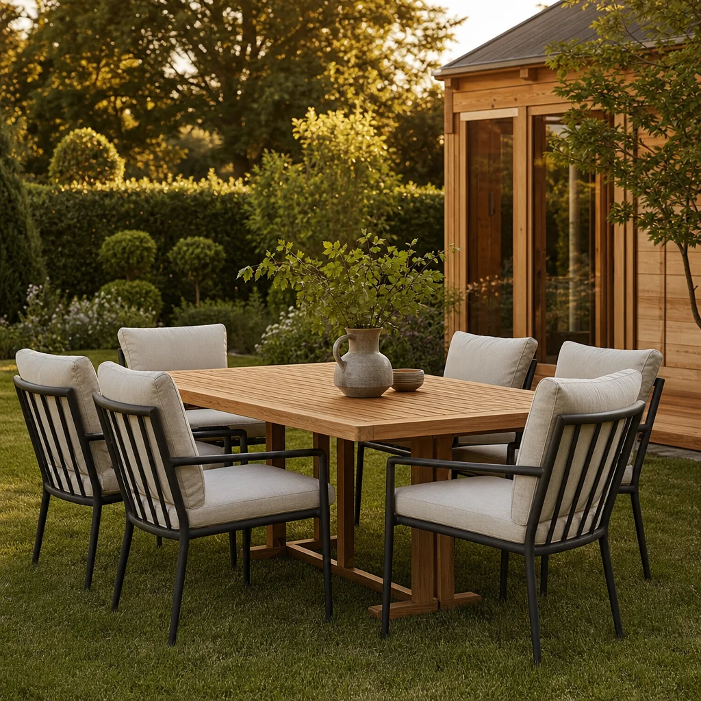 Teak garden dining set beside a timber building