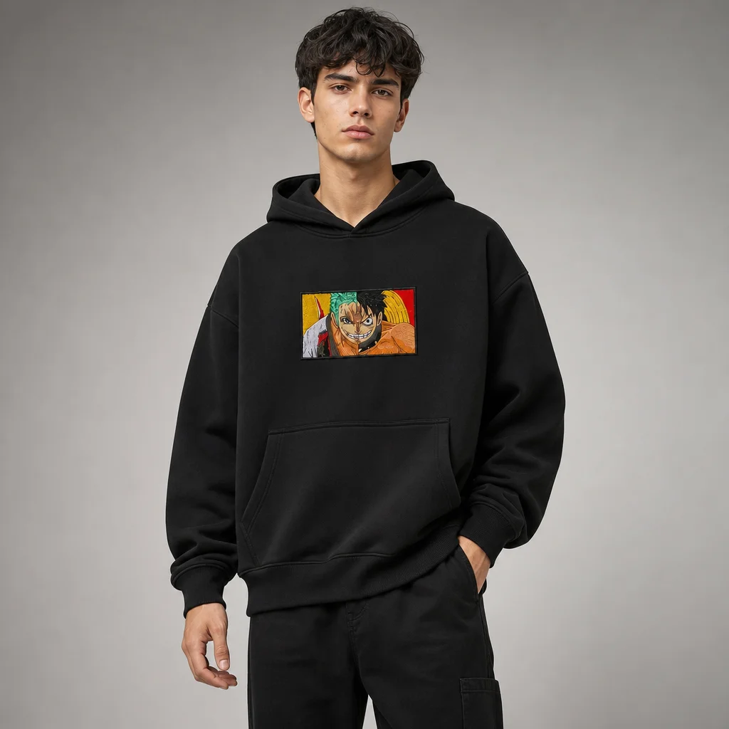 HUEY LEWIS JAPAN TOUR '85 スウェット フリーサイズ Luffy x Zoro Embroidered Patch Oversized Hoodie – Black