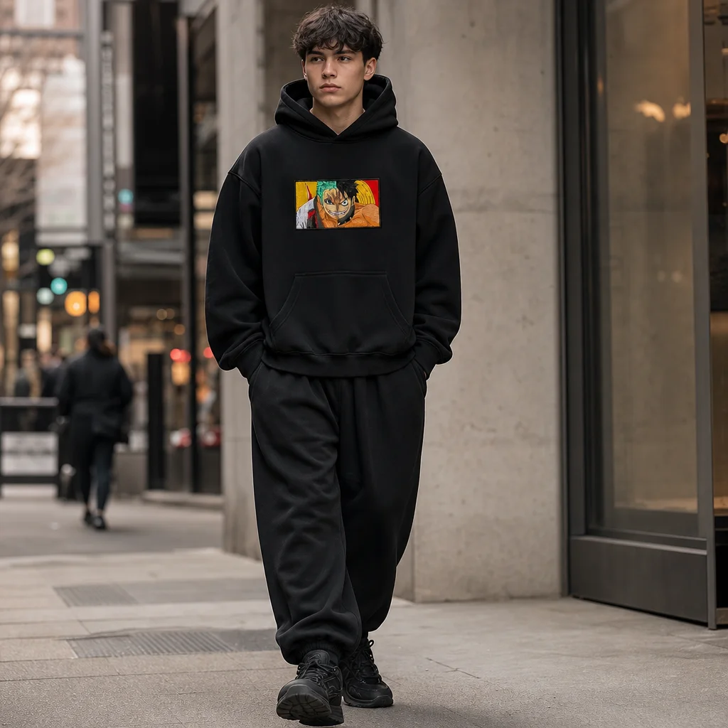 Luffy x Zoro Embroidered Patch Oversized Hoodie – Black