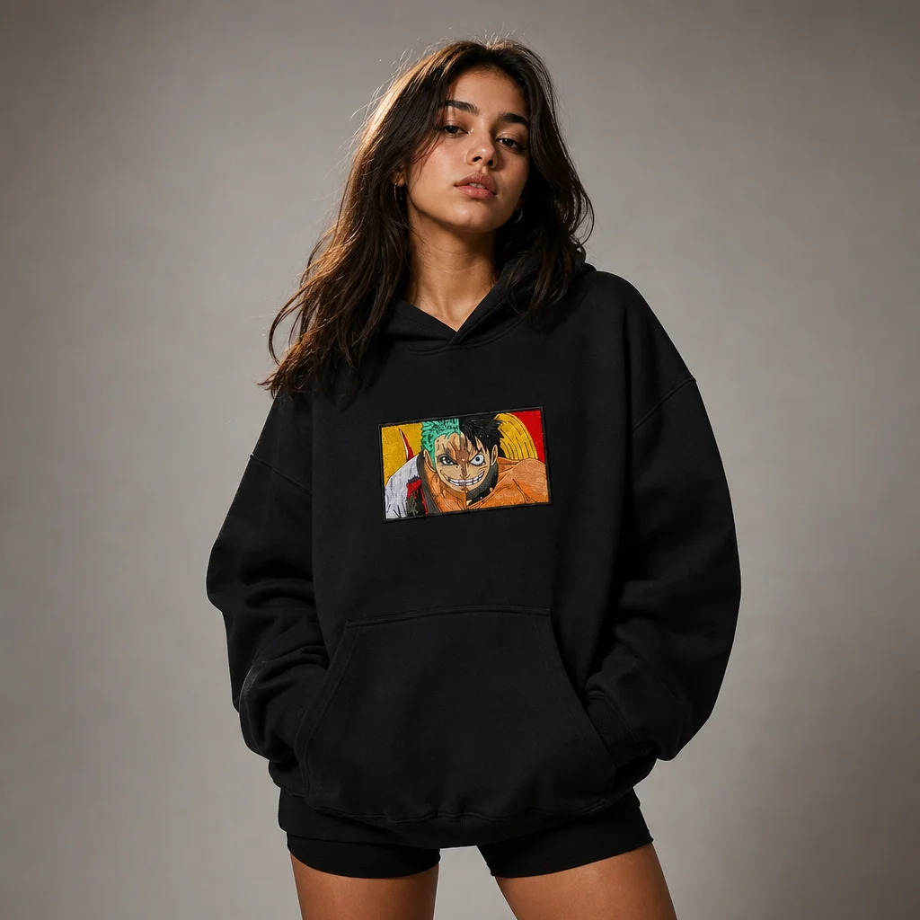 Luffy x Zoro Embroidered Patch Oversized Hoodie – Black