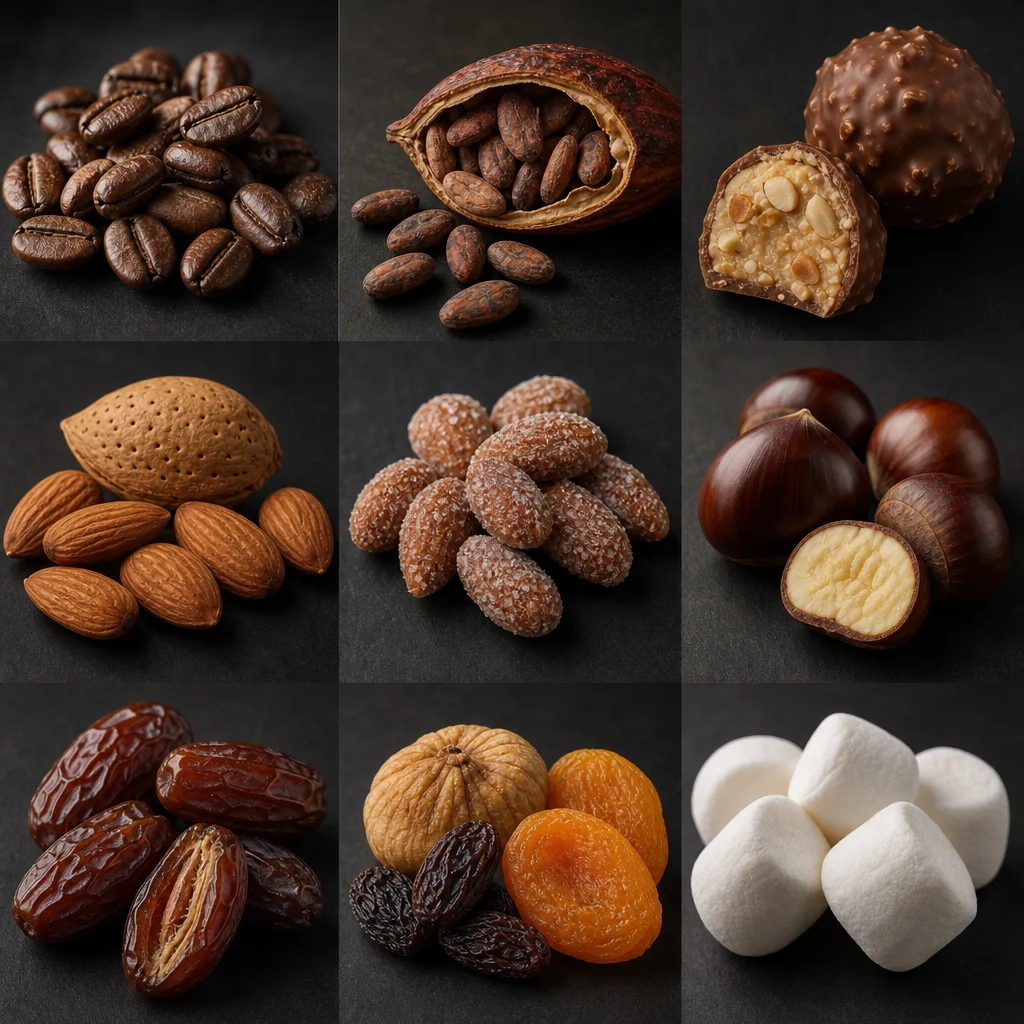 Broken hazelnut praline revealing its nutty centre — a visual interpretation of the gourmand scent character