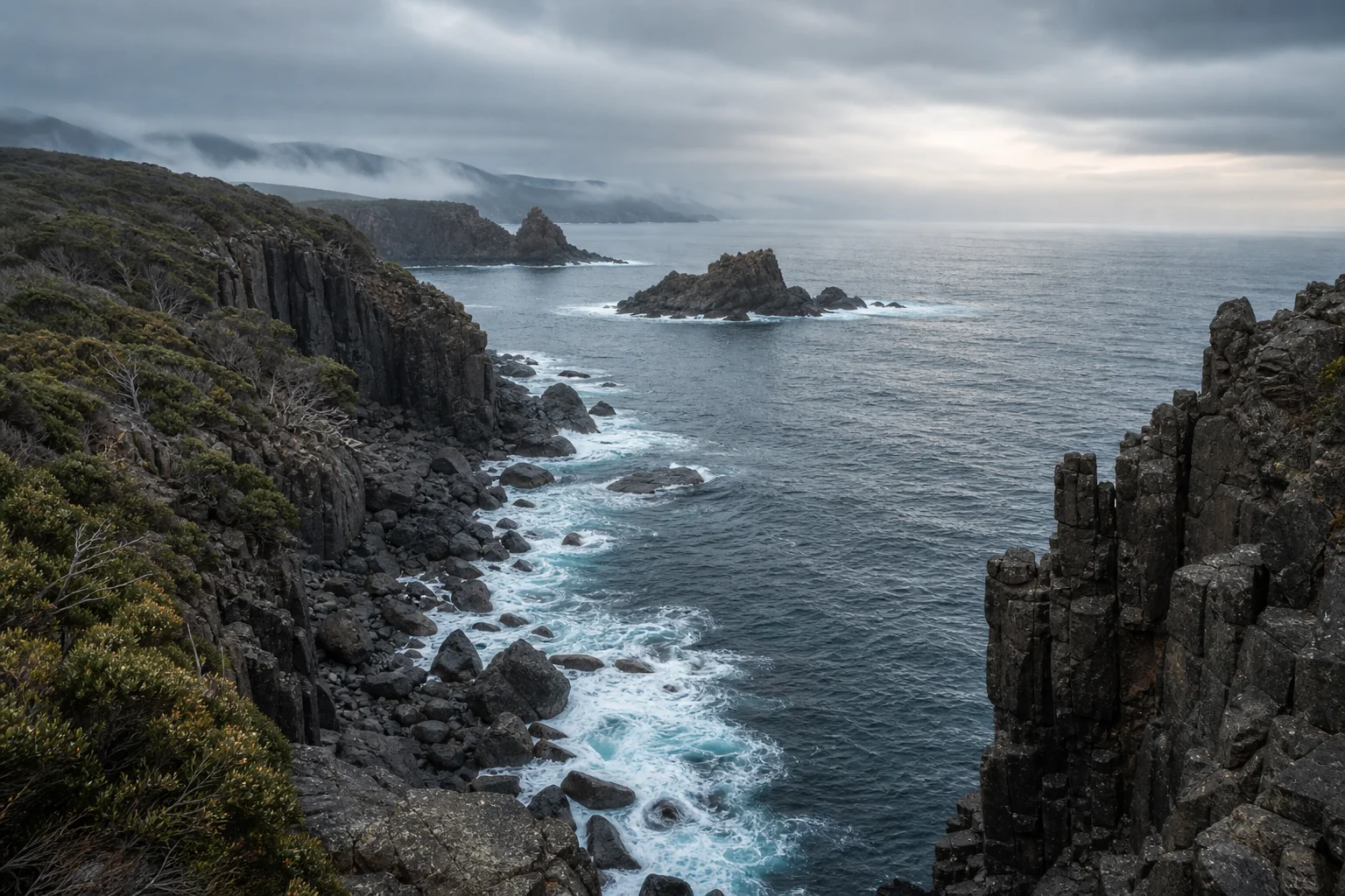 Tasmania-inspired coastal landscape with dark sea cliffs, mist and cold ocean water