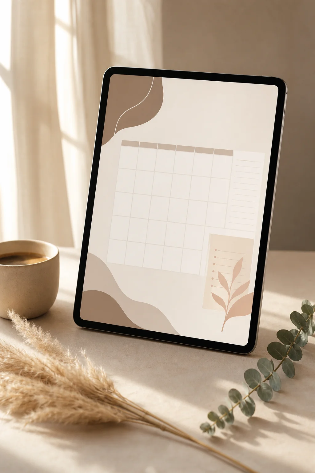 A PLANORA digital planner open on a tablet in a calm, neutral workspace