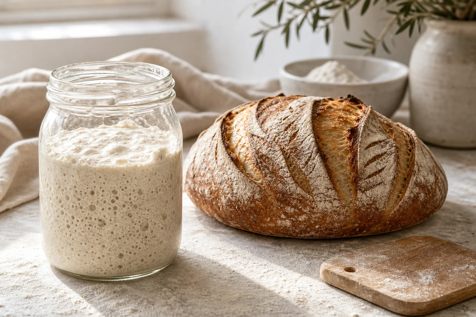 Active sourdough starter and artisan loaf