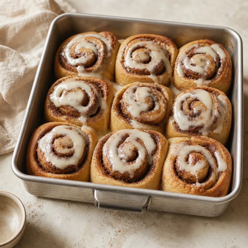 Fresh cinnamon rolls in a baking pan