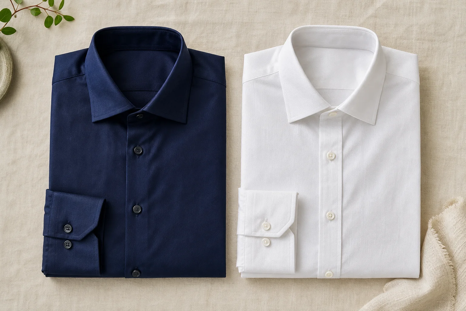 Navy blue Giza cotton shirt alongside a standard cotton shirt, flat lay comparison
