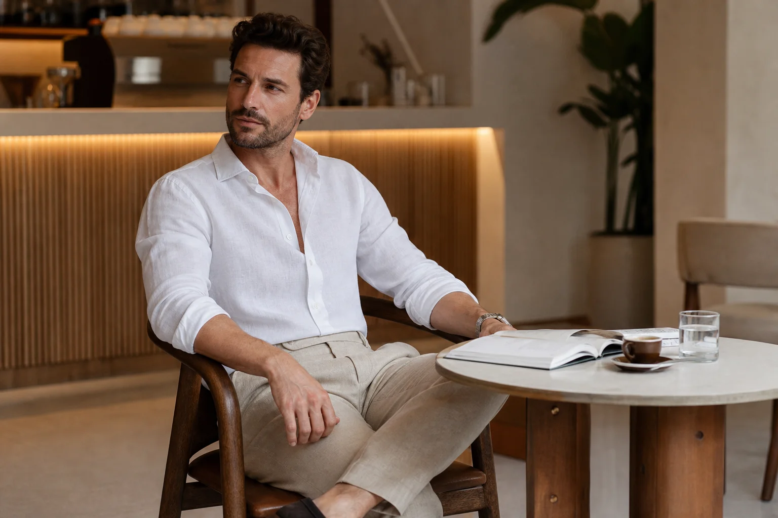 Man in white linen shirt at a minimal café