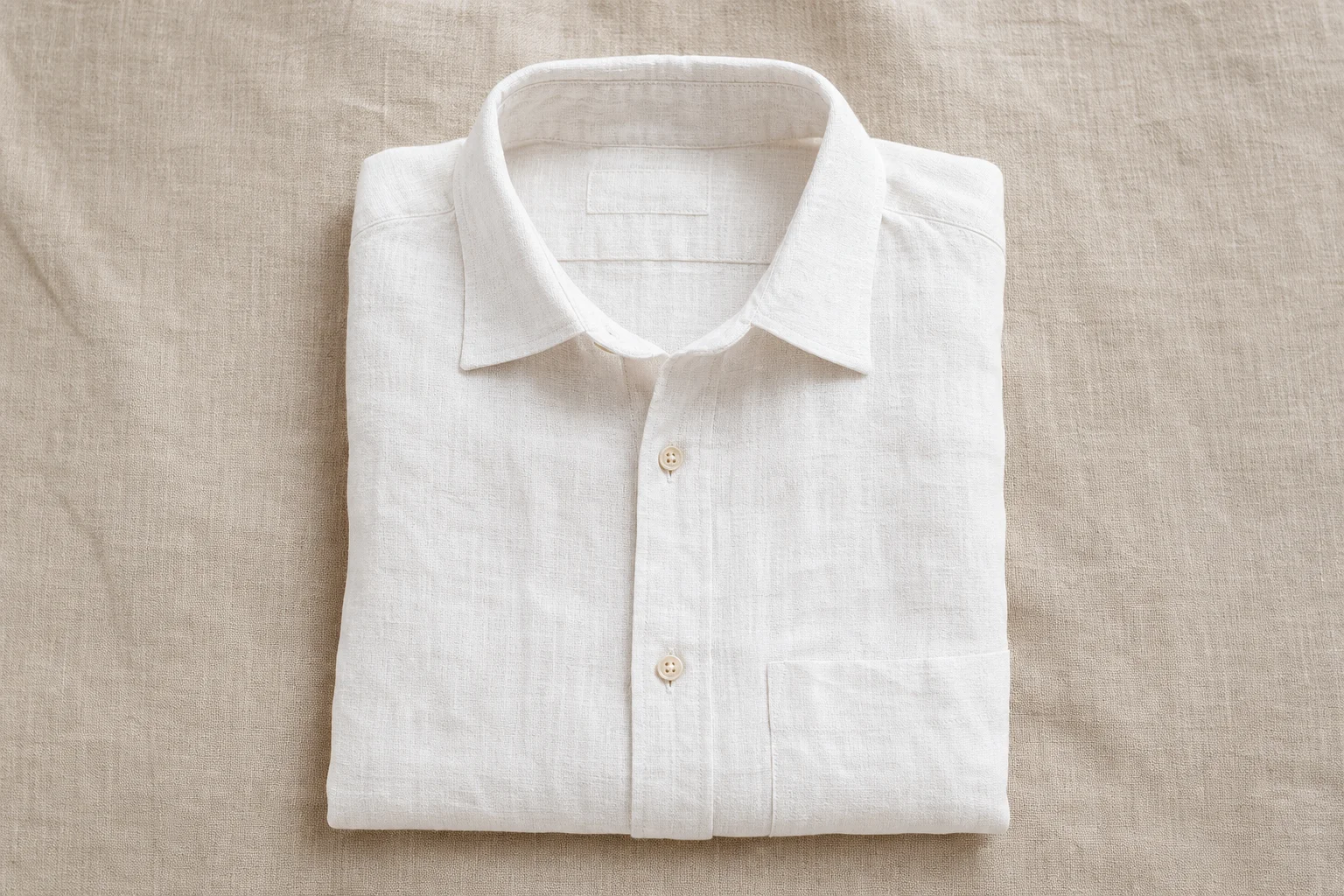 White linen shirt folded flat on natural linen surface
