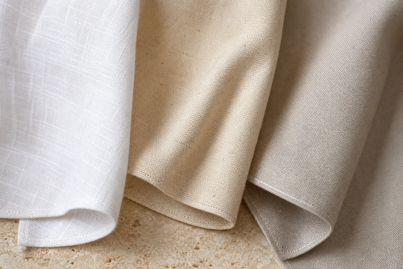 Fabric swatches comparison — linen, cotton, and synthetic blend